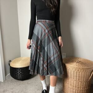 vintage 70s gray wool plaid preppy academia pleated high waisted midi skirt